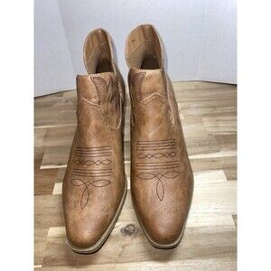 Jellypop Western Ankle Boots Tan Cognac Cowboy 2” Stacked Heel Women’s Size 9.5